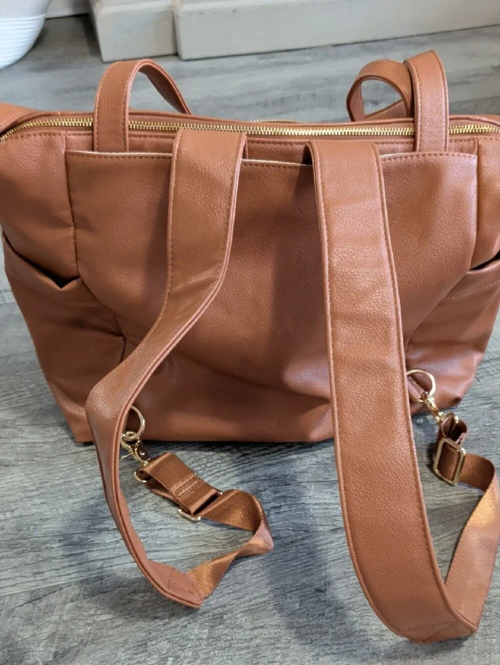 Tan Vegan Leather Baby Diaper Bag Tote Backpack with Multiple Front Pockets